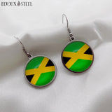 Boucles d'oreilles pendantes rondes drapeau de la Jamaïque sous cabochon en résine et acier inoxydable argenté