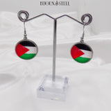 Boucles d'oreilles pendantes rondes drapeau de la Palestine sous cabochon en résine et acier inoxydable argenté
