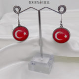 Boucles d'oreilles pendantes rondes drapeau de la Turquie en résine et acier inoxydable argenté