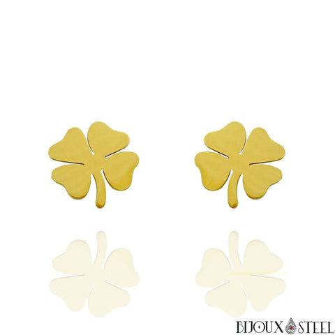 Boucles d'oreilles trèfles à quatre feuilles dorés en acier inoxydable