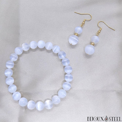 Bracelet 8mm et boucles d'oreilles dorées en sélénite pierre naturelle