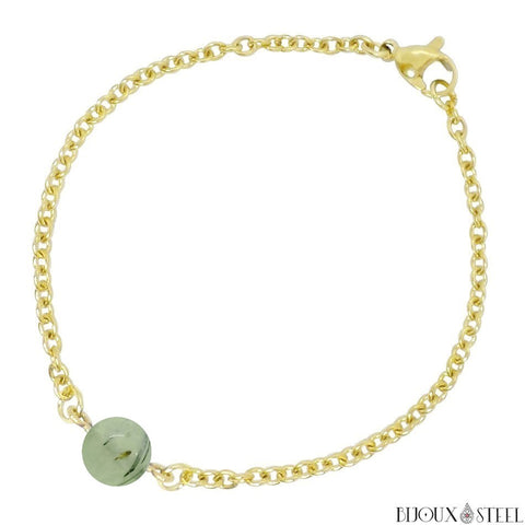 Bracelet à perle de prehnite 8mm et sa chaîne dorée en acier inoxydable