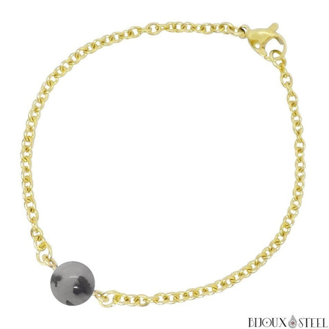 Bracelet à perle de quartz tourmaline 8mm sur chaîne dorée en acier inoxydable 