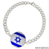 Bracelet argenté maille cubaine drapeau d'Israël sous cabochon en acier inoxydable