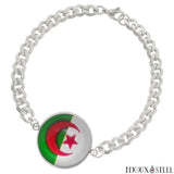 Bracelet argenté maille cubaine homme drapeau de l'Algérie sous cabochon en résine et acier inoxydable argenté