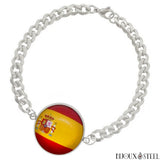 Bracelet argenté maille cubaine drapeau de l'Espagne sous cabochon en acier inoxydable
