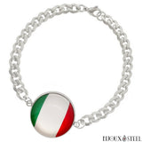 Bracelet argenté maille cubaine drapeau de l'Italie en acier inoxydable