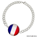 Bracelet argenté maille cubaine drapeau de la France sous cabochon en acier inoxydable