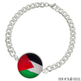 Bracelet homme argenté maille cubaine drapeau de la Palestine en acier inoxydable
