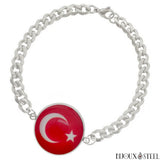 Bracelet argenté chaîne maille cubaine drapeau de la Turquie en acier inoxydable