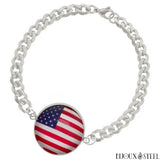 Bracelet argenté maille cubaine drapeau des États-Unis sous cabochon en acier inoxydable