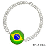 Bracelet argenté maille cubaine drapeau du Brésil sous cabochon en acier inoxydable