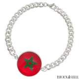 Bracelet homme argenté maille cubaine drapeau du Maroc en acier inoxydable