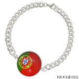 Bracelet argenté chaîne maille cubaine drapeau du Portugal en acier inoxydable