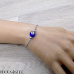 Bracelet à perle mauvais oeil bleu en verre et acier inoxydable argenté