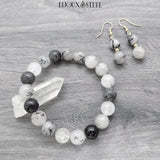 Bracelet de perles 10mm et boucles d'oreilles en quartz tourmaline