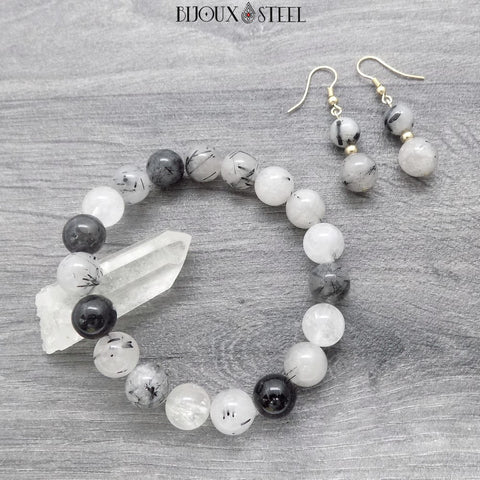 Bracelet de perles 10mm et boucles d'oreilles en quartz tourmaline
