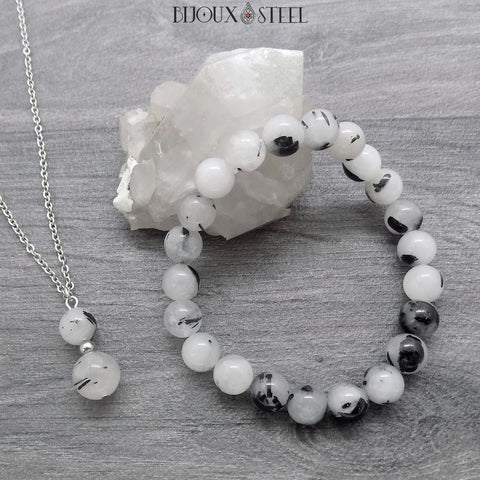 Bracelet de perles 8mm et collier en quartz tourmaline