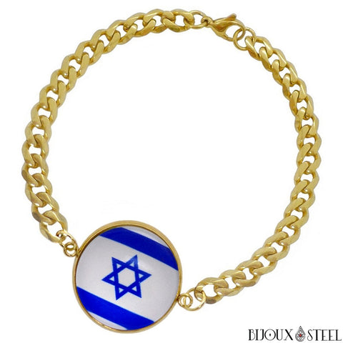 Bracelet doré maille cubaine drapeau d'Israël sous cabochon en acier inoxydable