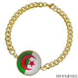 Bracelet argenté maille cubaine homme drapeau de l'Algérie sous cabochon en résine et acier inoxydable doré