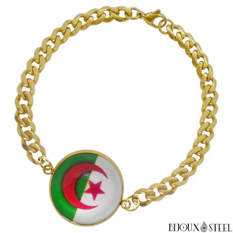 Bracelet argenté maille cubaine homme drapeau de l'Algérie sous cabochon en résine et acier inoxydable doré