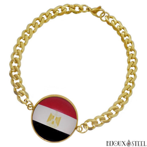 Bracelet doré maille cubaine drapeau de l'Égypte sous cabochon en acier inoxydable