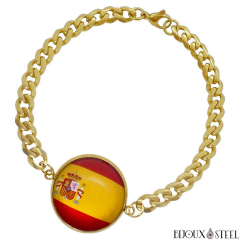 Bracelet doré maille cubaine drapeau de l'Espagne sous cabochon en acier inoxydable