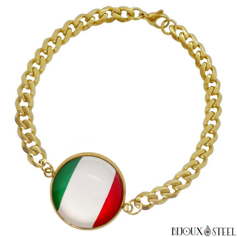 Bracelet doré maille cubaine drapeau de l'Italie en acier inoxydable