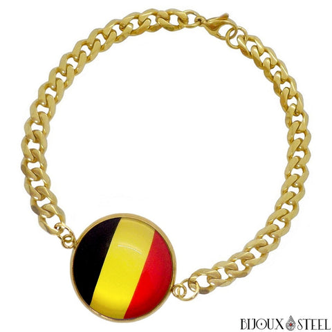 Bracelet doré maille cubaine drapeau de la Belgique sous cabochon en acier inoxydable