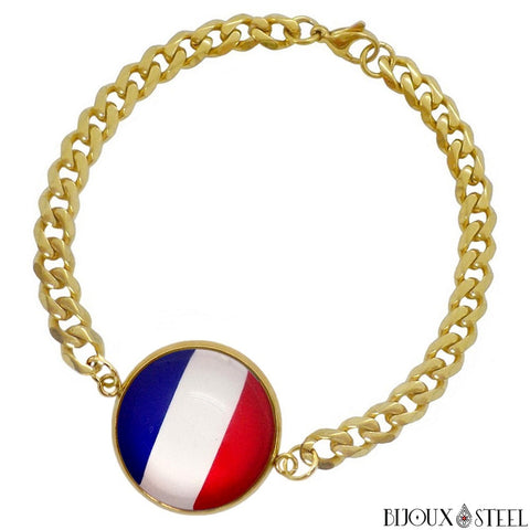 Bracelet doré maille cubaine drapeau de la France sous cabochon en acier inoxydable