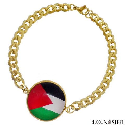 Bracelet homme doré maille cubaine drapeau de la Palestine en acier inoxydable