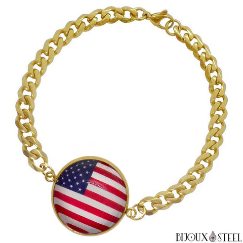Bracelet doré maille cubaine drapeau des États-Unis sous cabochon en acier inoxydable