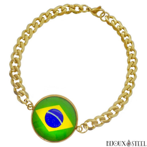 Bracelet doré maille cubaine drapeau du Brésil sous cabochon en acier inoxydable