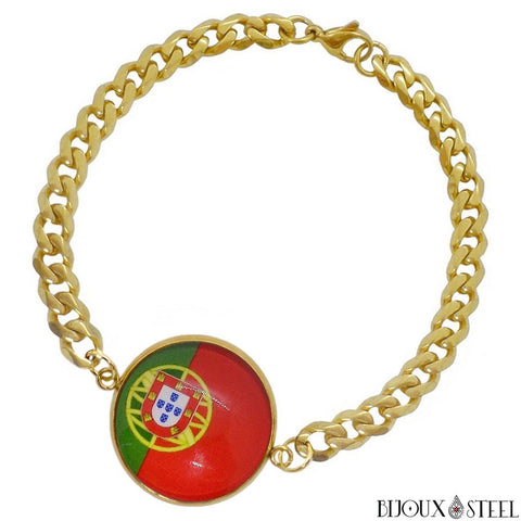 Bracelet doré chaîne maille cubaine drapeau du Portugal en acier inoxydable