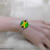 Bracelet drapeau de la Jamaïque sous cabochon en résine et acier inoxydable argenté