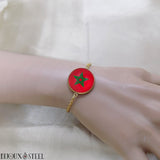 Bracelet drapeau du Maroc sous cabochon en résine et acier inoxydable doré