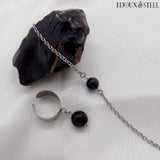 Bracelet et bague large argenté à perles d'obsidienne noire pierre naturelle et acier inoxydable
