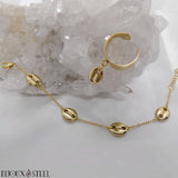 Bracelet et bague large ajustable dorés grains de café en acier inoxydable