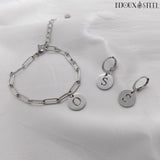 Bracelet et boucles d'oreilles anneaux argentés à médailles initiales personnalisées 