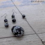 Bracelet et boucles d'oreilles pendantes argentés en obsidienne neige