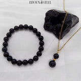Bracelet de perles 8mm et collier doré en pierre d'obsidienne noire