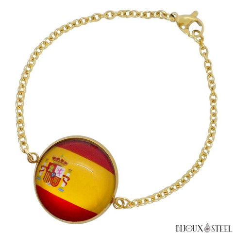 Bracelet femme doré drapeau de l'Espagne sous cabochon en acier inoxydable