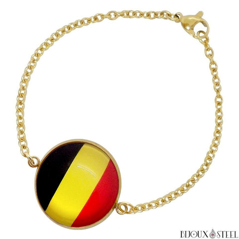 Bracelet femme doré drapeau de la Belgique sous cabochon en acier inoxydable