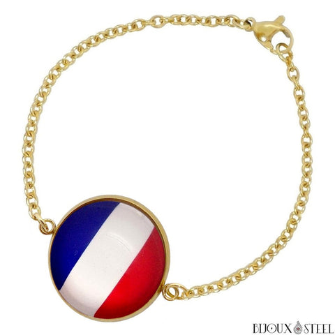 Bracelet femme doré drapeau de la France en acier inoxydable