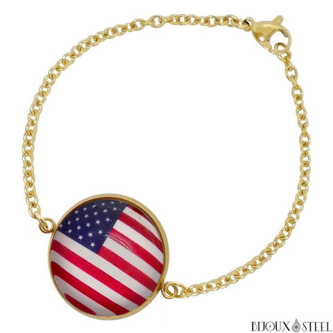 Bracelet femme doré drapeau des États-Unis sous cabochon en acier inoxydable