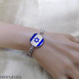Bracelet homme maille cubaine argenté drapeau d'Israël sous cabochon en résine et acier inoxydable