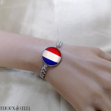 Bracelet homme maille cubaine drapeau de la France en résine et acier inoxydable argenté