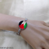 Bracelet homme chaîne cubaine drapeau de la Palestine sous cabochon en résine et acier inoxydable argenté 
