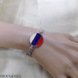 Bracelet homme chaîne maille cubaine à drapeau de la Russie sous cabochon en résine et acier inoxydable argenté