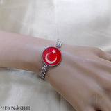 Bracelet homme chaîne maille cubaine à drapeau de la Turquie sous cabochon en résine et acier inoxydable argenté